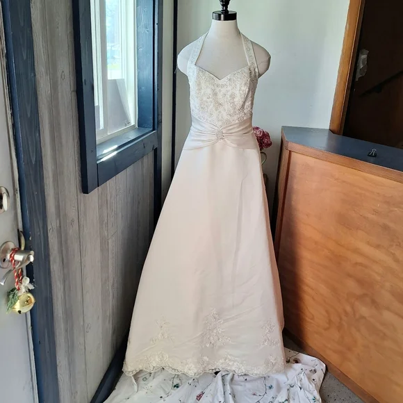 David's Bridal Ivory/Champagne Beaded Wedding Gown, Size 6, Style#E9370, NWT
